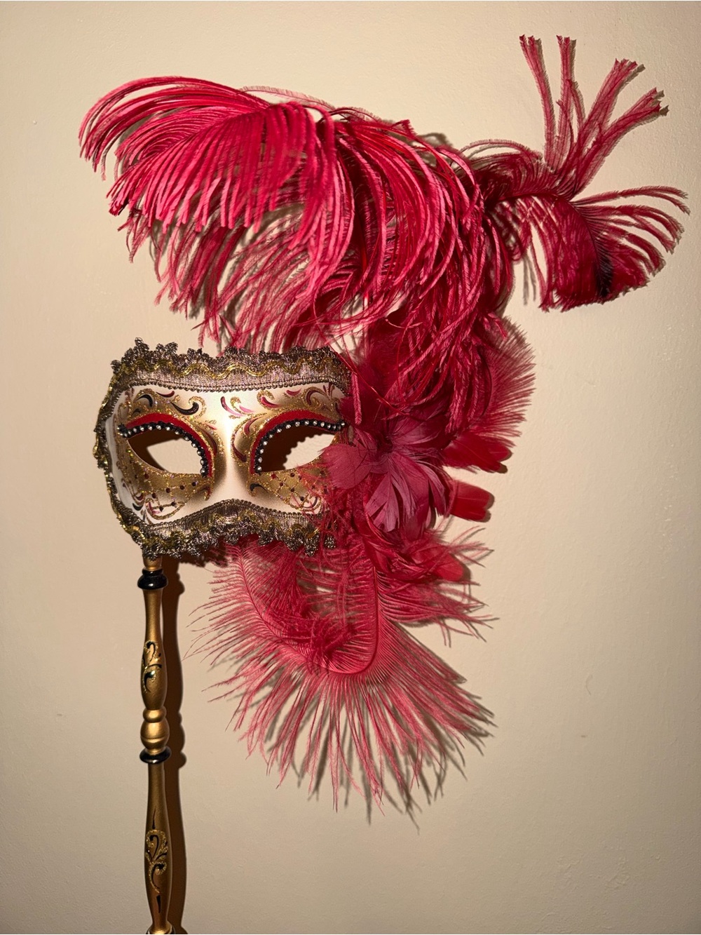 Authentic Handmade Venetian Masquerade Party Masks Red Feathers Glitter Ribbon